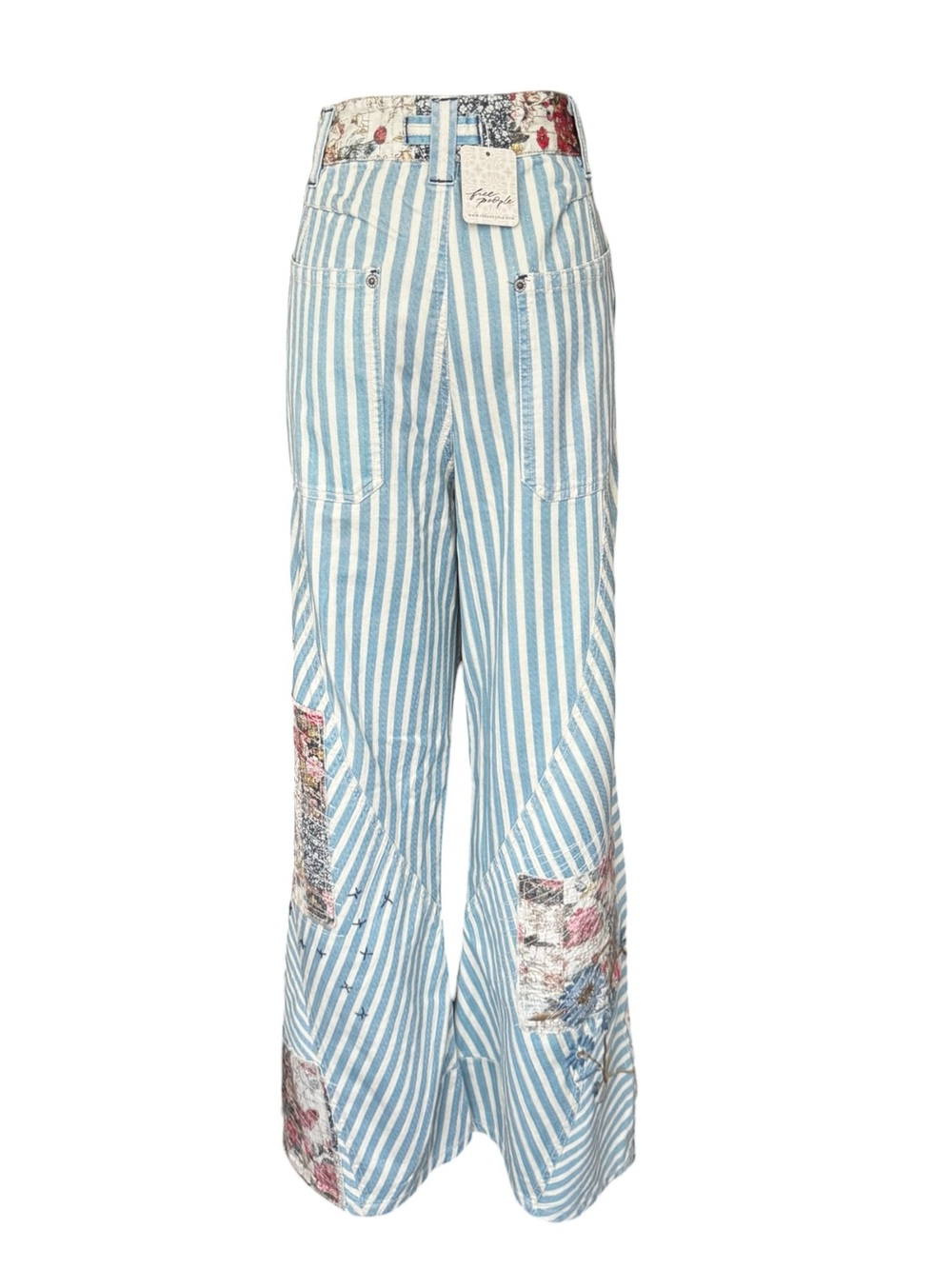 Free People Blue & White Striped Wide Leg Patchwork Jeans - Picture 12 of 16